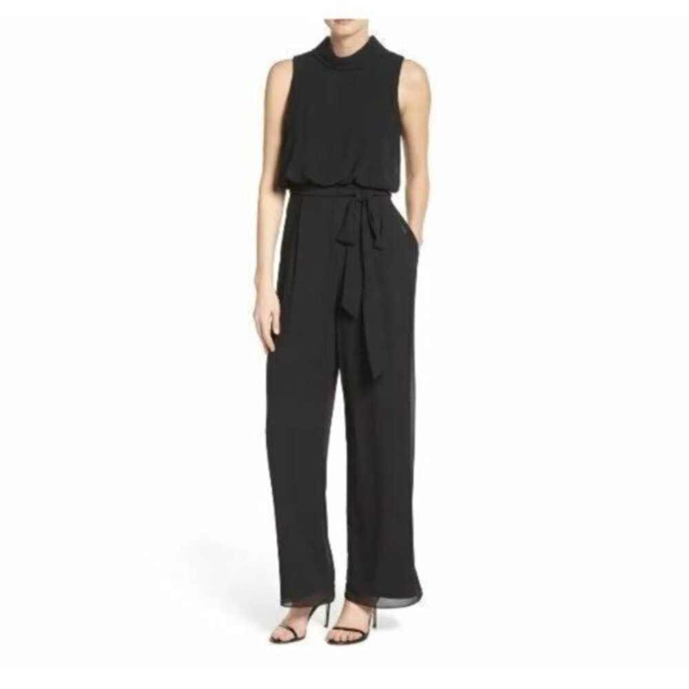 Vince Camuto Black Roll Collar Mock Neck Blouson Chiffon Jumpsuit SZ 4 New